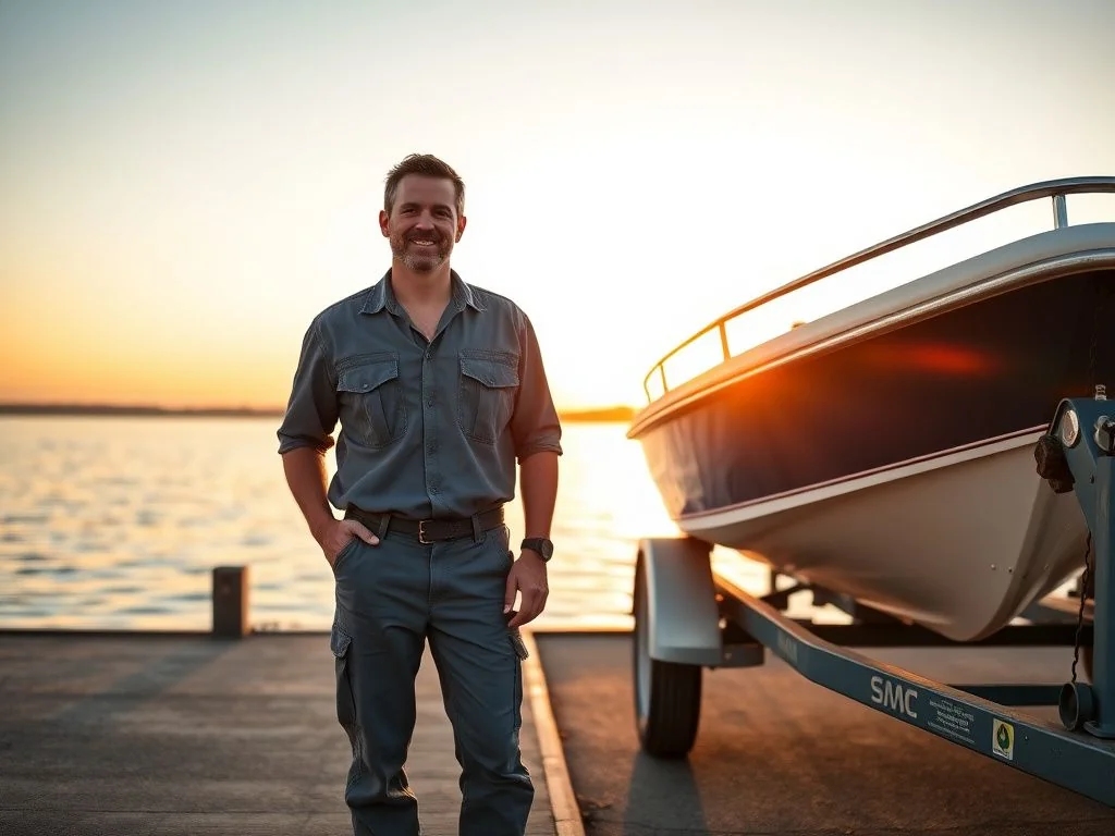 Boat trailer owner at boat ramp